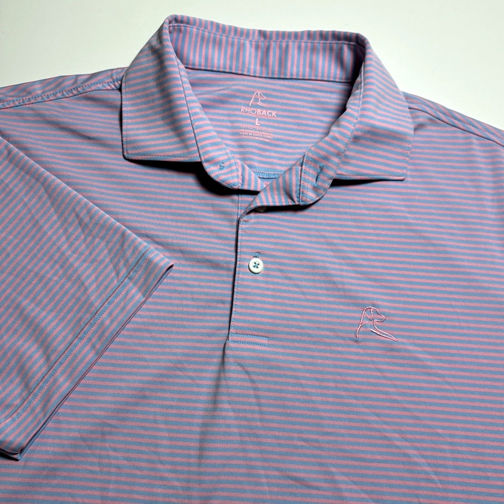 Rhoback Performance Golf Polo Men L Striped Pink Blue Short Sleeve Stretch Shirt